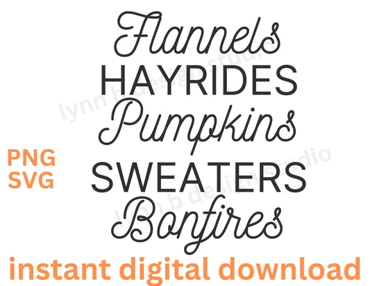 Flannels pumpkins hayrides sweaters bonfires PNG & SVG